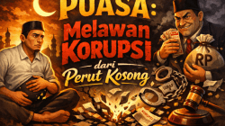 Bikin ilustrasi gambar dari tulisan judul berikut ini: Puasa dan Keadilan: Melawan Koruptor dari perut kosong